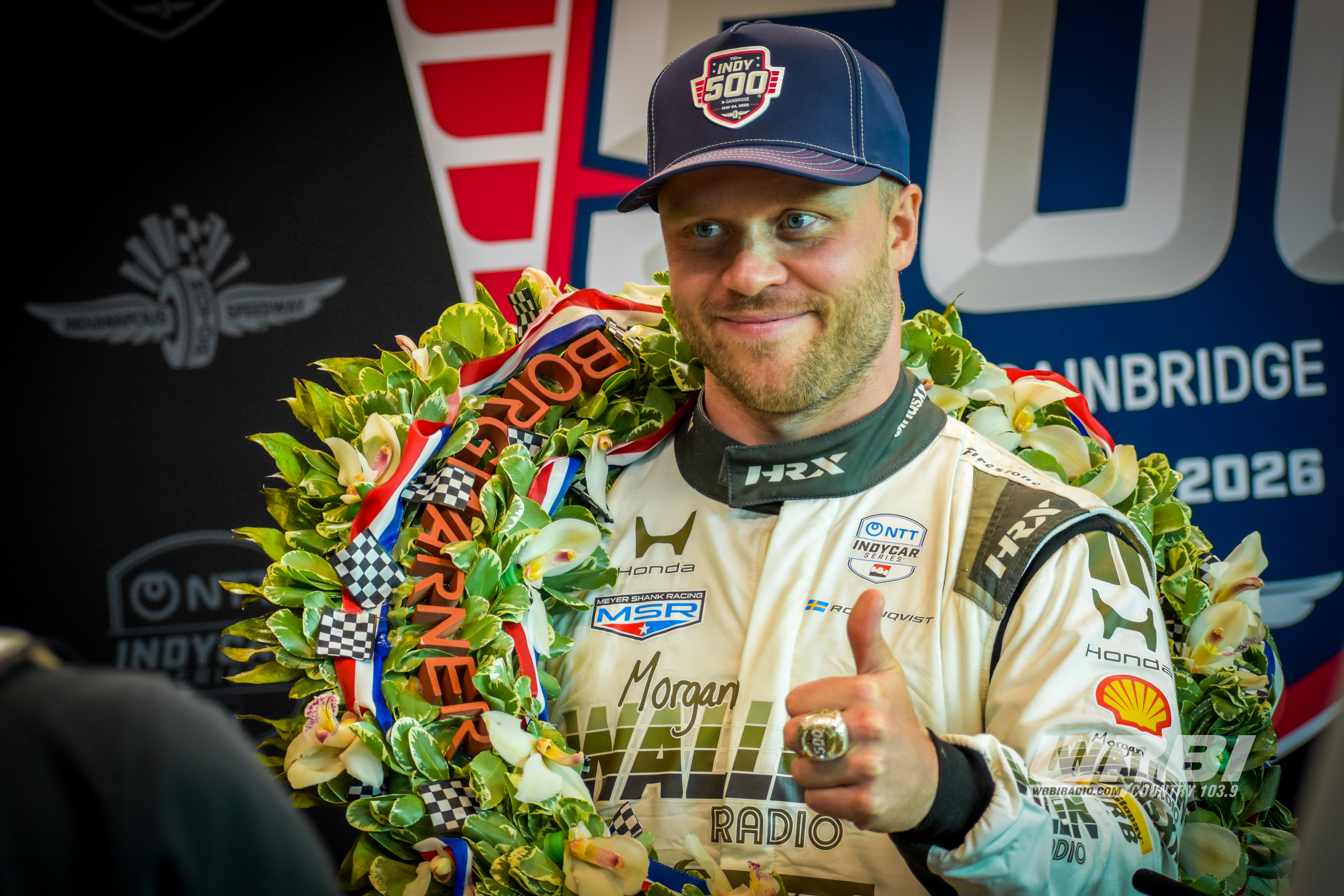 Felix Rosenqvist celebrates his Indianapolis 500 victory