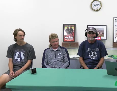 Oldenburg Academy goalkeeper Ryan Hautman, assistant coach Jake Schornick, and head coach Kenny Getz on WRBI's Coaches Corner